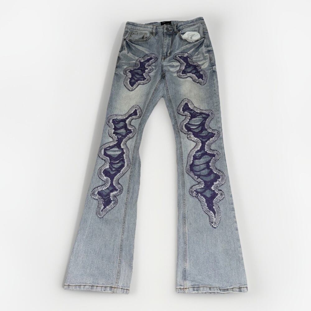 EPTM Flared Denim Jeans Streetwear Embroidered Y2K Distressed Blue 30x33